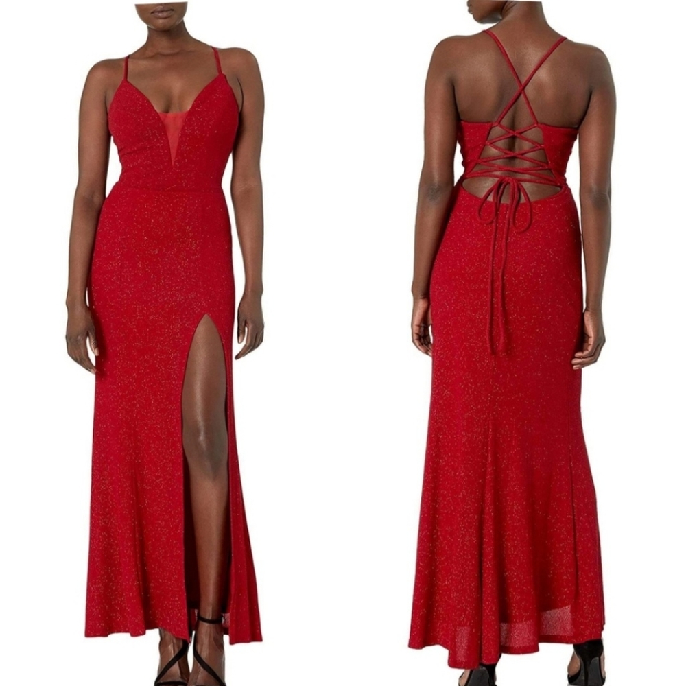 $219 NWT CACHET Women Red Garnet Maxi Long Gown 14 LARGE Sparkle Strappy Wedding